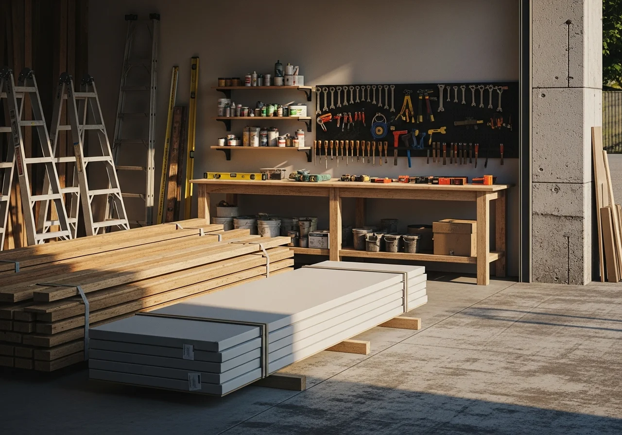 Construction crew and tools ready for home remodeling work. Professional team workspace with building materials and equipment.