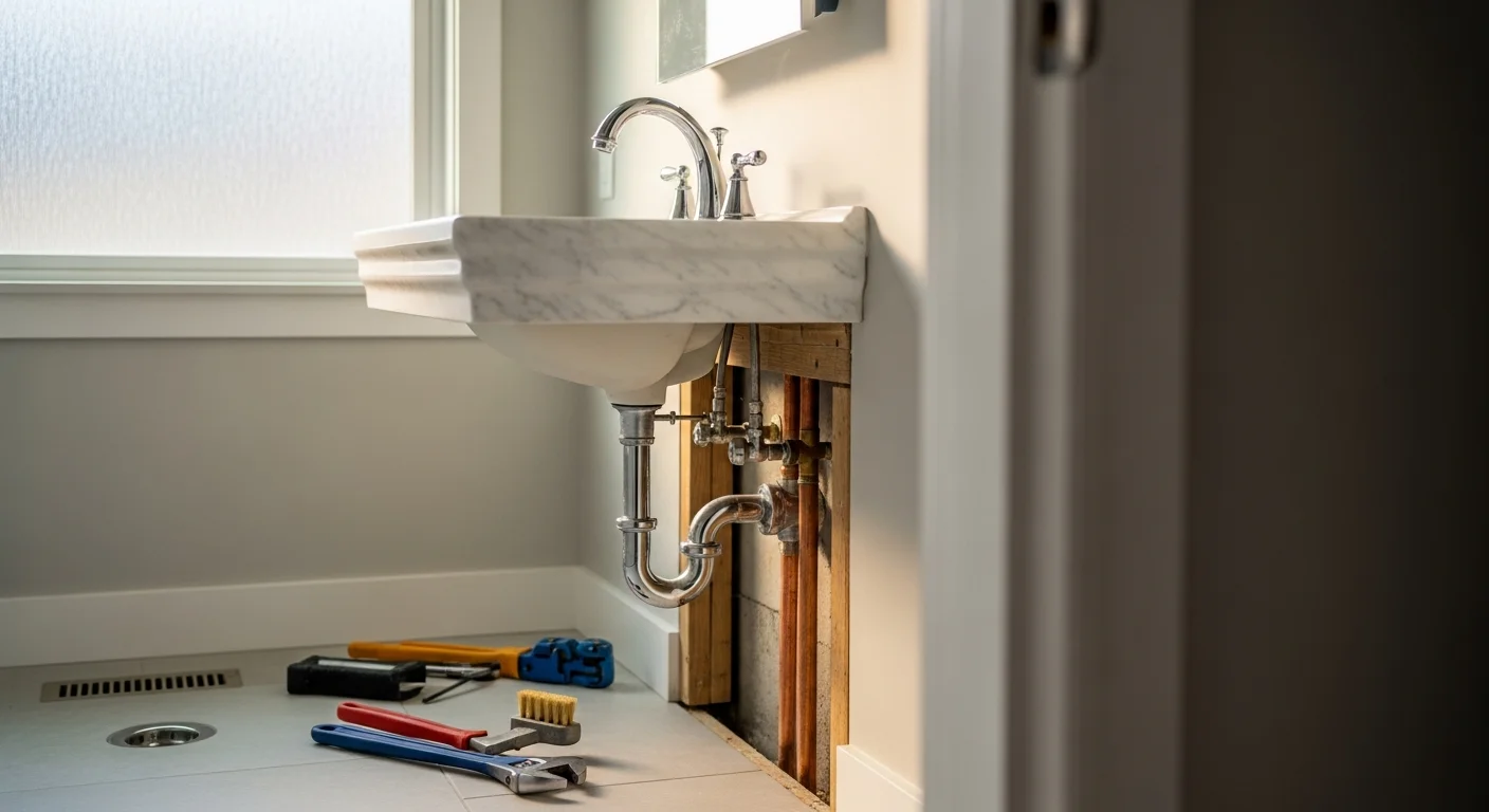 Plumber installing fixtures in bathroom remodel