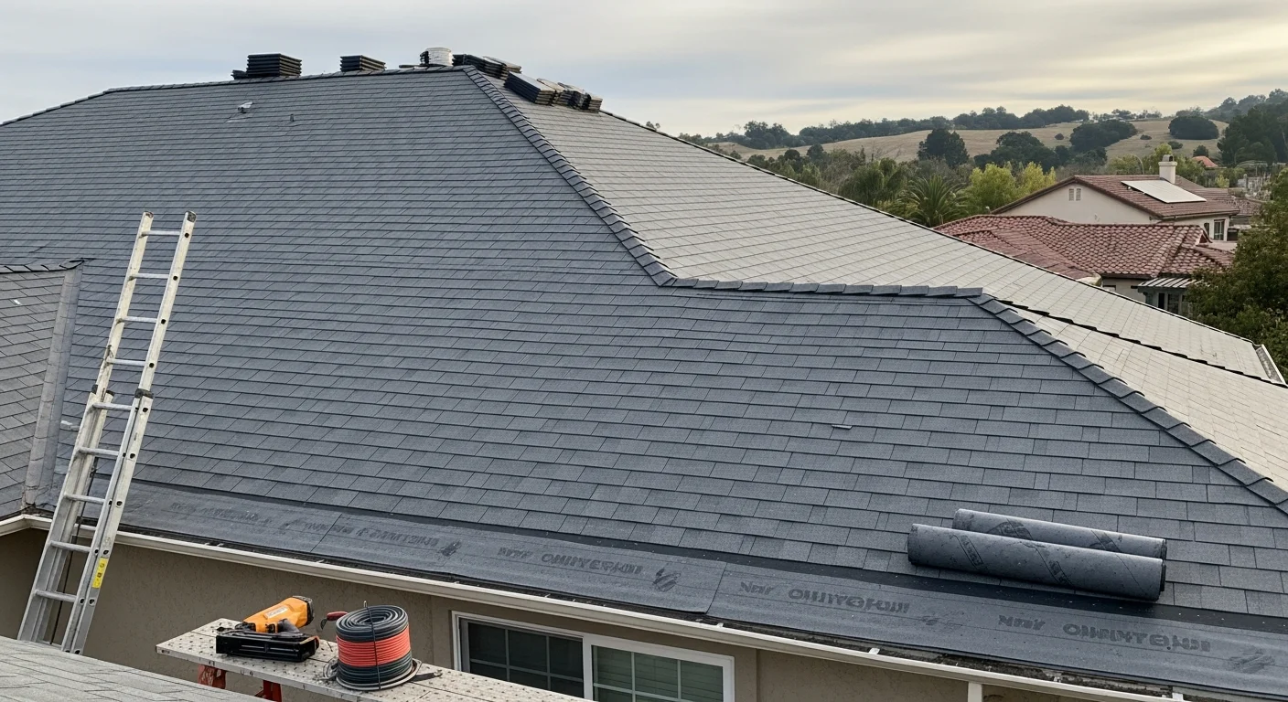 Roofing contractor installing new residential roof