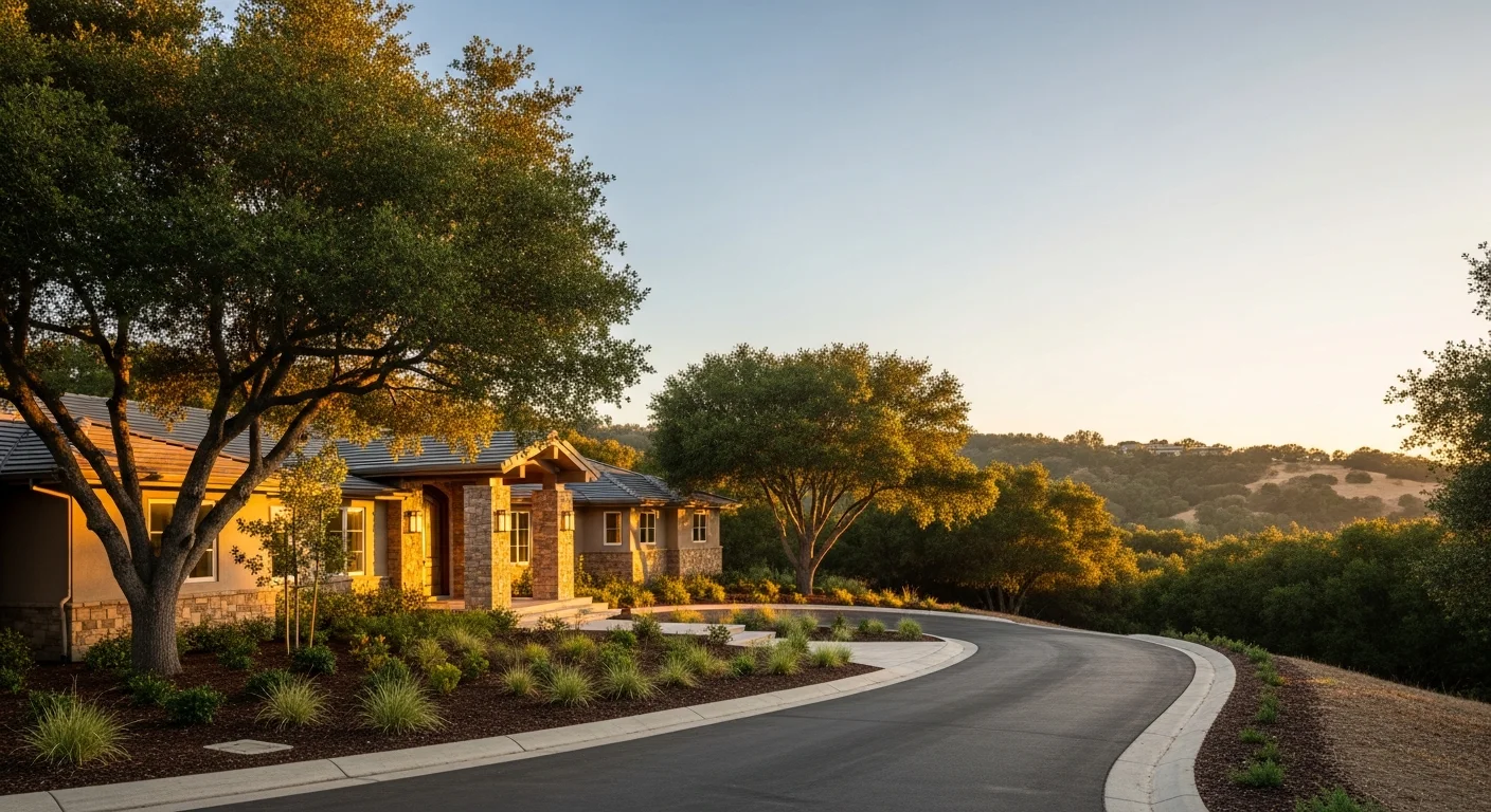 Hillside home in Danville with mature landscaping and stone entry, typical of East Bay residential architecture.