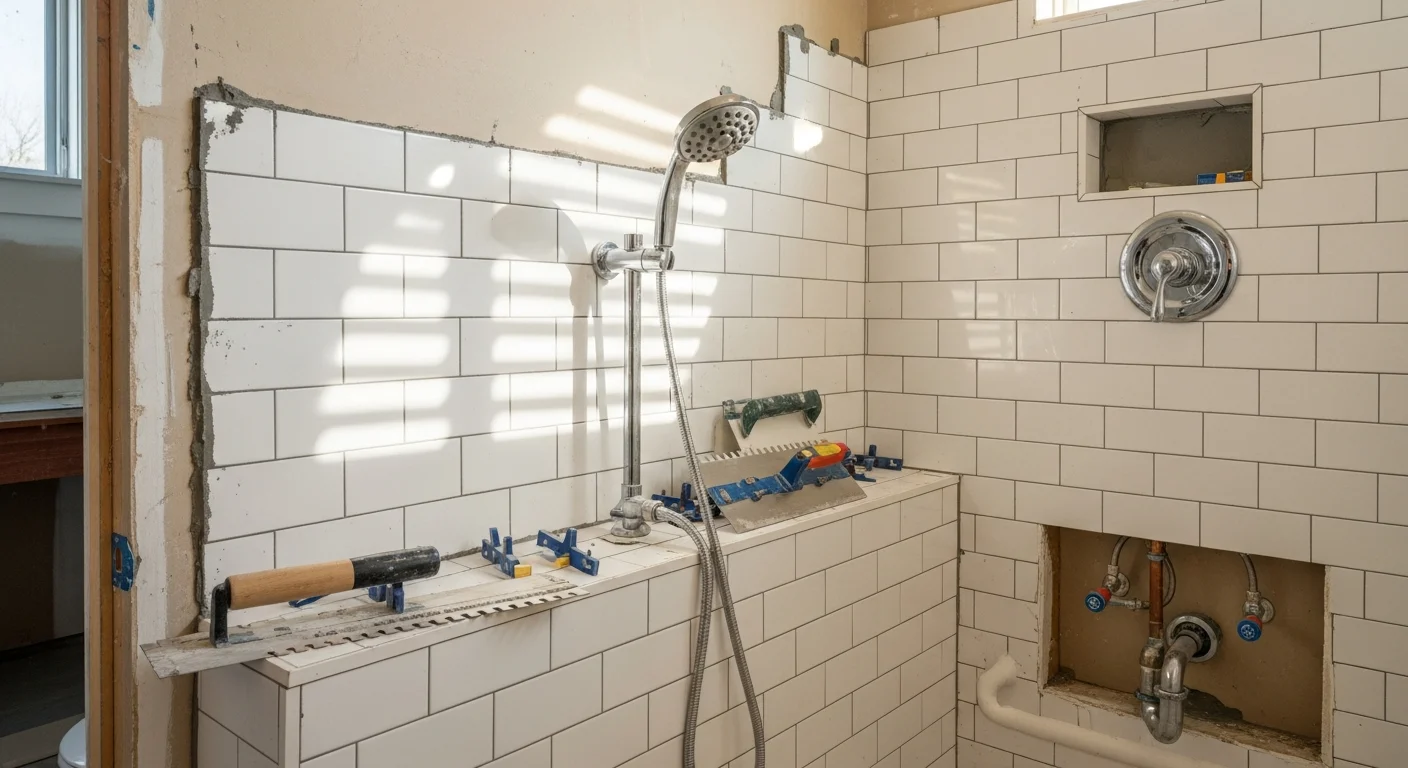 A remodeled bathroom in a Danville, California home featuring a walk-in shower with tile surround, an updated vanity, and waterproof plank flooring. The space reflects the clean, practical style common in San Ramon Valley residential remodels completed by GHI General Contractor.