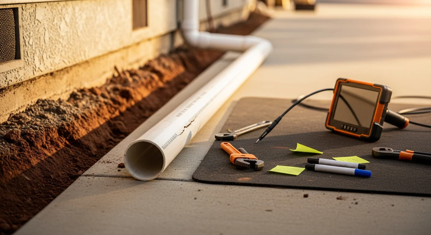 A licensed plumber performing a drain line repair on a residential property in Danville, California. A camera inspection monitor in the foreground shows the interior of a cracked underground drain pipe.
