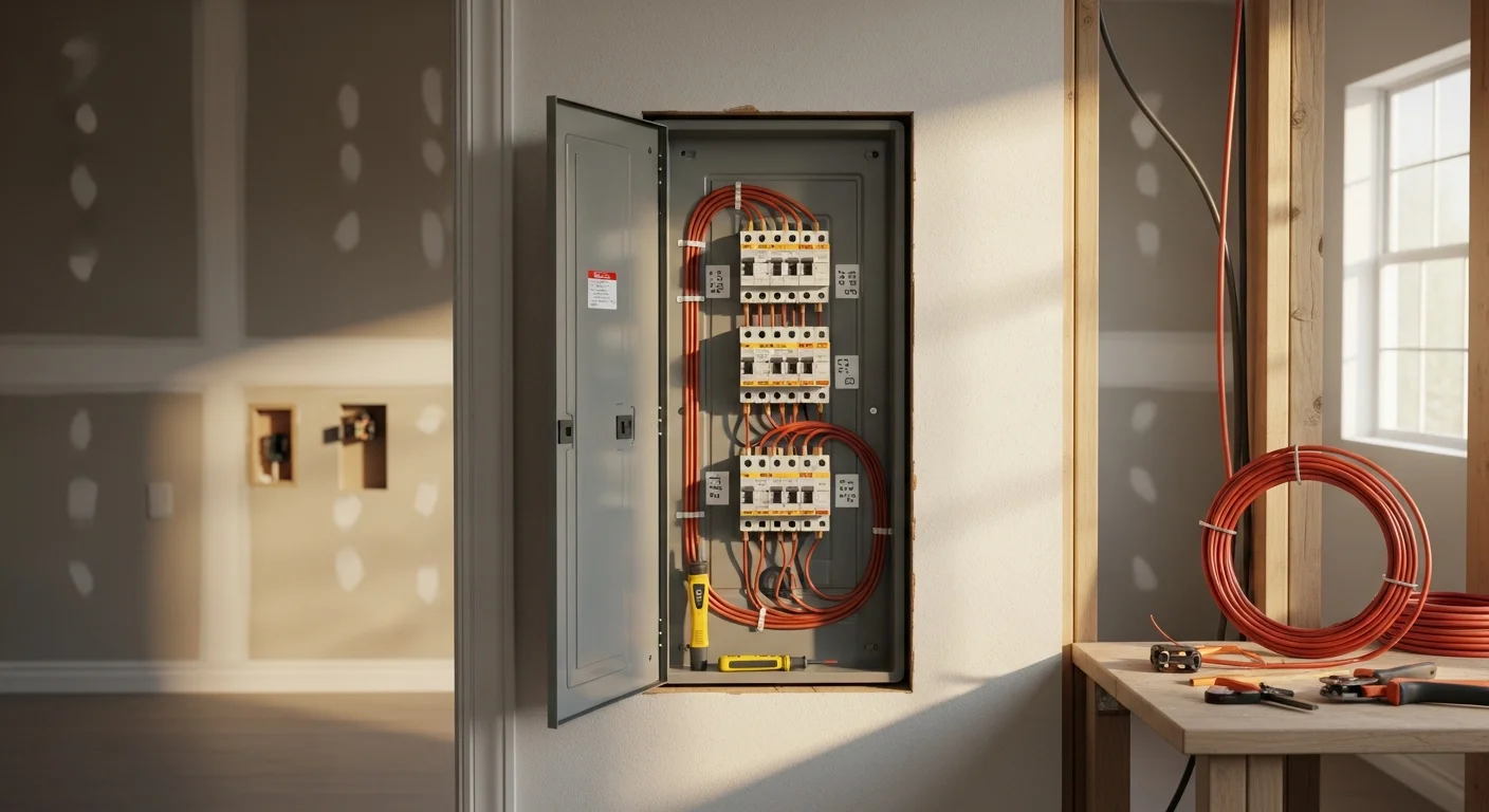 A licensed GHI electrician installing a new circuit panel inside a Danville, California home, with organized wiring and breakers visible in an open electrical enclosure. The residential setting shows a modern interior consistent with Danville's single-family housing stock.