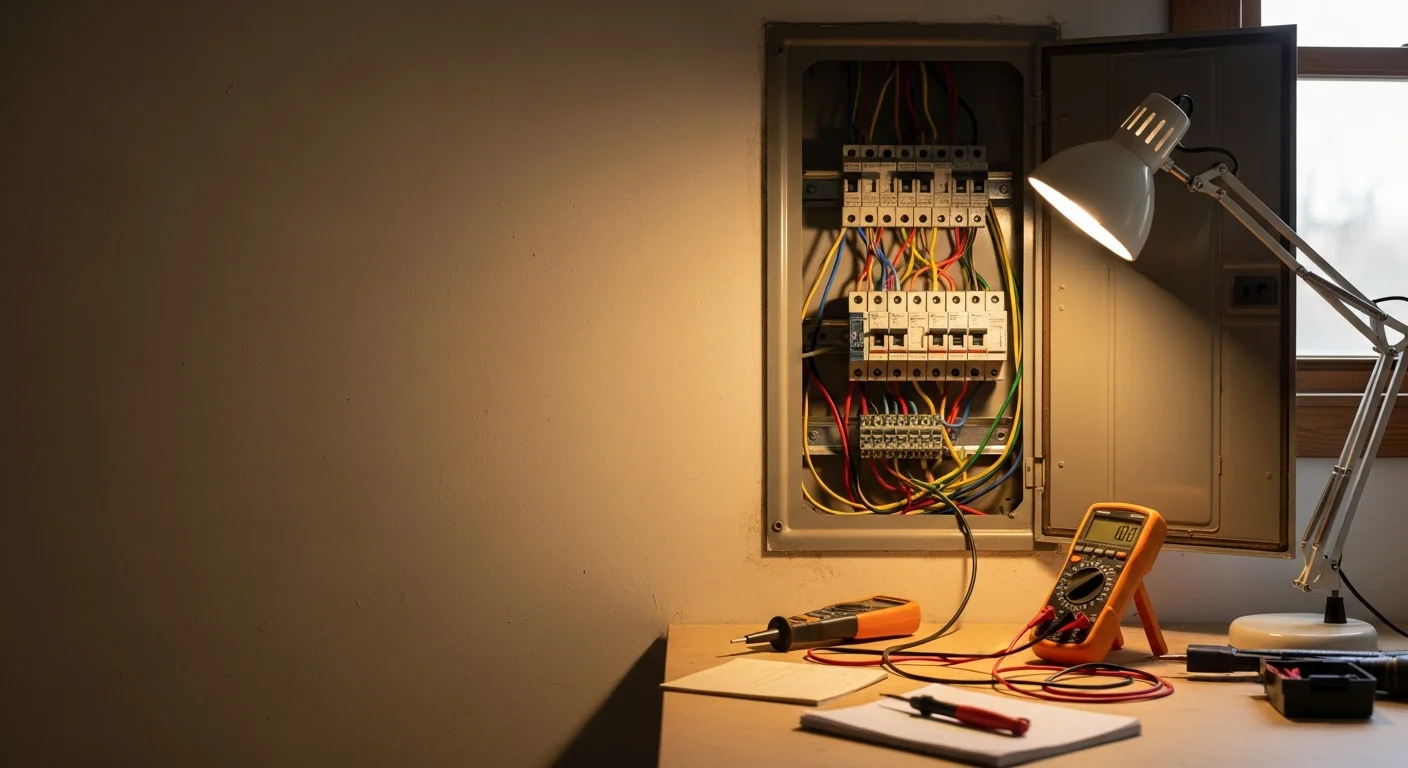 A licensed electrician from GHI inspecting an open electrical panel inside a single-family home in Danville, California. The panel shows multiple circuit breakers with visible wiring connections being tested for faults.