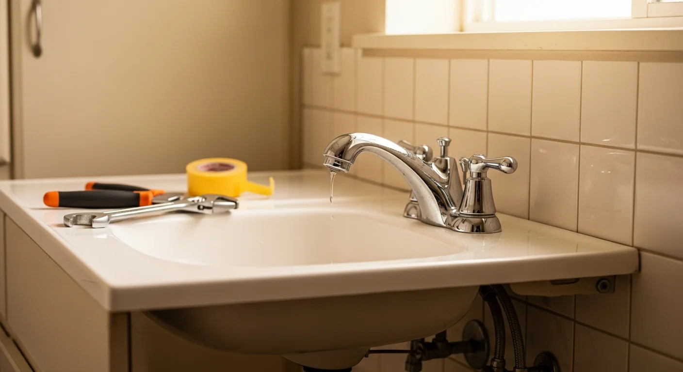 A licensed plumber installing a new kitchen faucet under a sink in a single-family home in Danville, California. The work area shows clean supply lines and a shutoff valve in good condition.