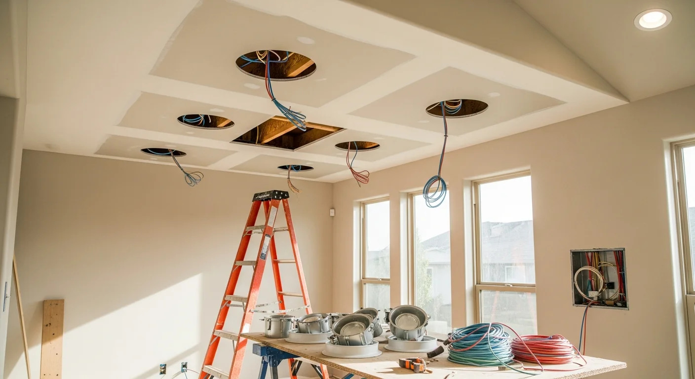 A licensed electrician from GHI installing recessed ceiling lights in a Danville, California home with vaulted ceilings. The finished fixtures are evenly spaced and fully trimmed out above a residential living area.
