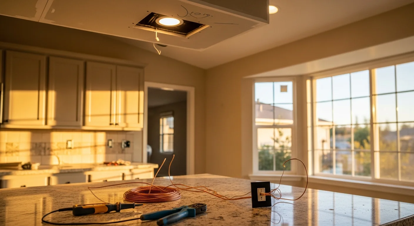 A licensed GHI electrician installing recessed LED lighting in the vaulted ceiling of a Danville, California home. Finished fixtures are evenly spaced and fully illuminated in a bright, updated living room.