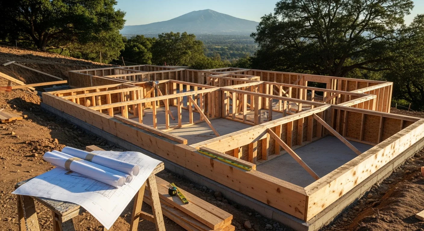 A newly constructed single-family home on a residential lot in Danville, California, with a completed exterior, fresh landscaping, and the foothills of Mount Diablo visible in the background. The image shows a ground-up build by GHI General Contractor with clean rooflines and a finished driveway.