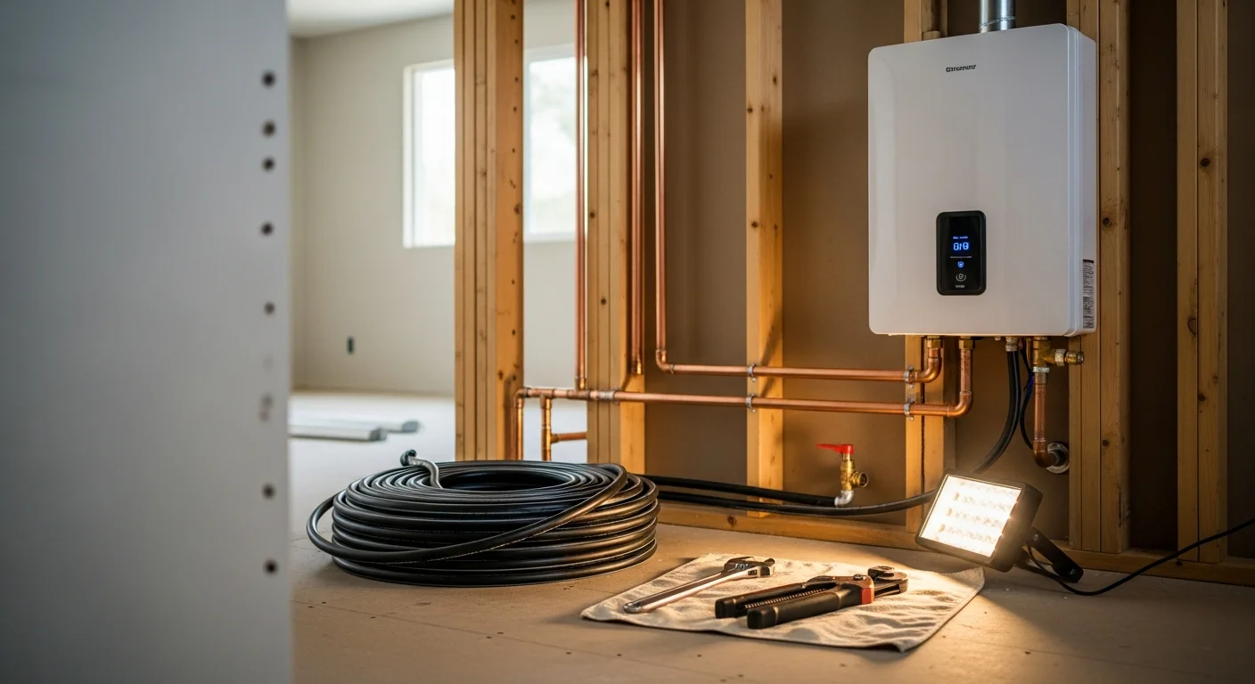 A licensed plumber installing new supply and drain lines beneath a kitchen sink inside a single-family home in Danville, California. Copper pipe fittings and shut-off valves are visible under the cabinet during the rough-in phase of installation.