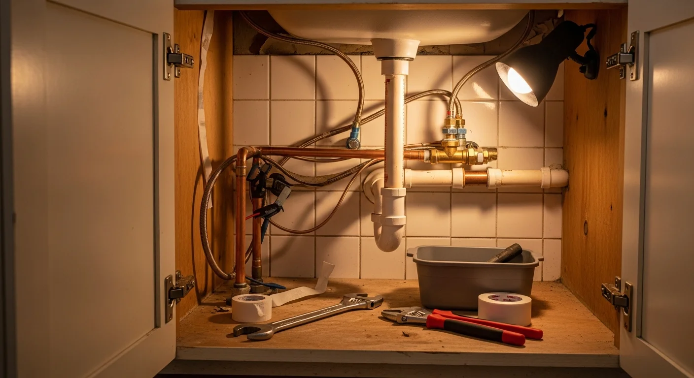 A licensed plumber repairing a leaking pipe beneath a kitchen sink inside a Danville, California single-family home. Tools and replacement fittings are visible on the cabinet floor beside the open pipe connection.