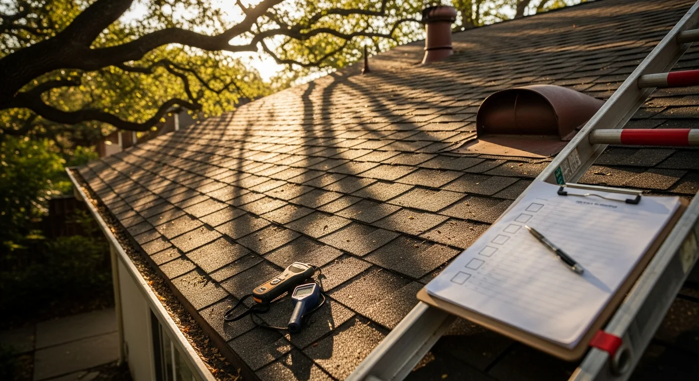 A GHI roofing contractor inspecting the shingles and flashing on a single-family home in Danville, California. The inspector examines the roof surface up close against a backdrop of the area's characteristic dry hills and residential neighborhood.
