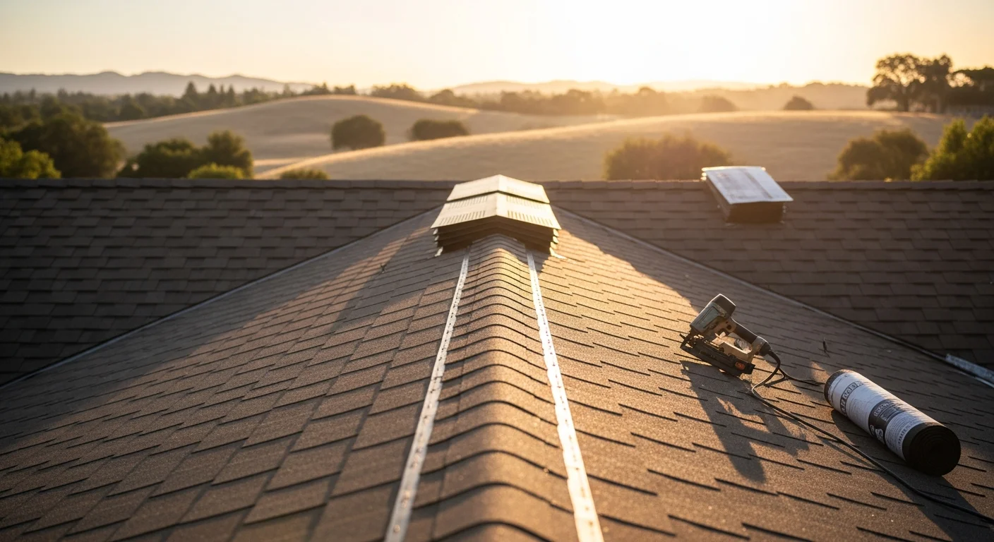 A newly installed residential roof on a two-story home in Danville, California, with clean ridge lines and uniform field installation visible against the backdrop of the surrounding hills. The completed roof shows proper flashing at all transitions and a finished ridge cap suited to the home's pitch and style.