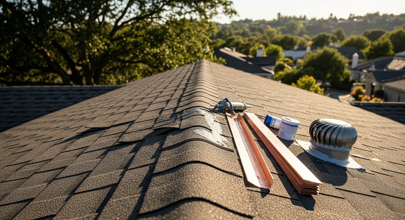 A roofing contractor repairing damaged shingles and flashing on a residential home in Danville, California. The repair work is visible on a pitched roof with a hillside backdrop typical of the San Ramon Valley area.