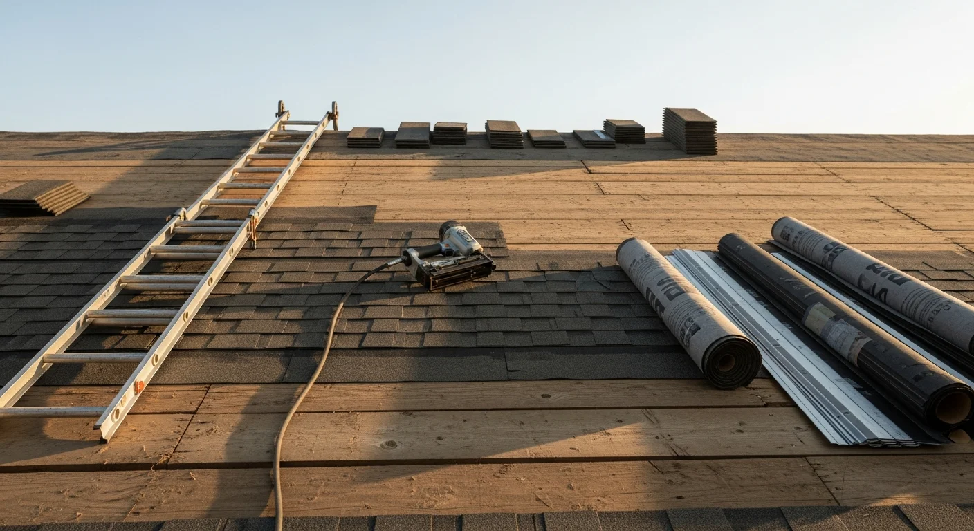 A completed roof replacement on a two-story residential home in Danville, California, showing new roofing material, clean ridge lines, and updated flashing against a clear blue sky.